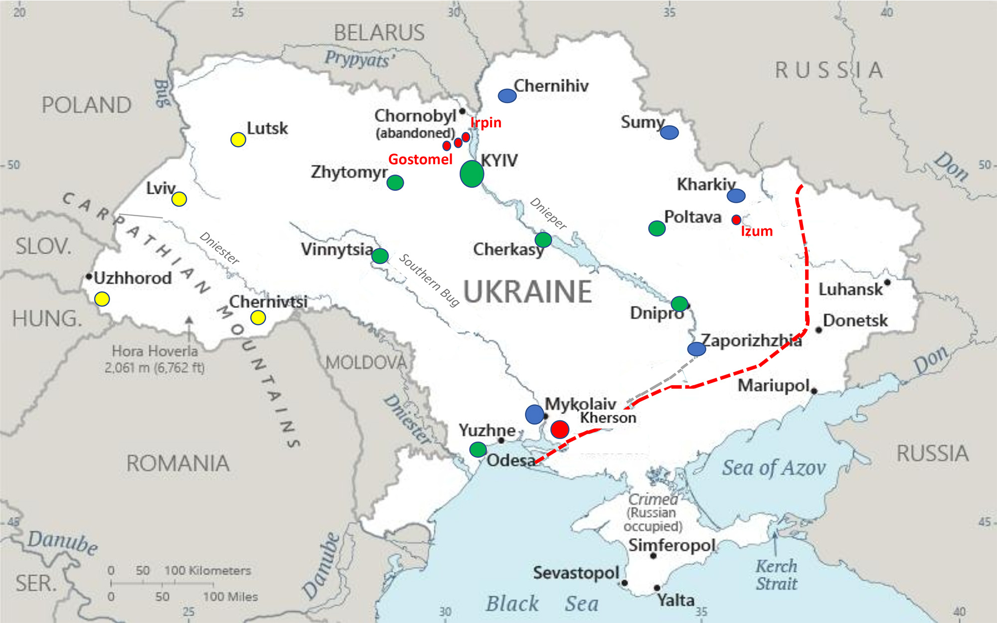 A map of Ukraine. The frontier of the war is marked with a red dotted line. Liberated cities are marked with red circles. Those cities closest to the frontier line are marked in blue, cities in central Ukraine in green and those near the western border in yellow. © Ludmila Simonova