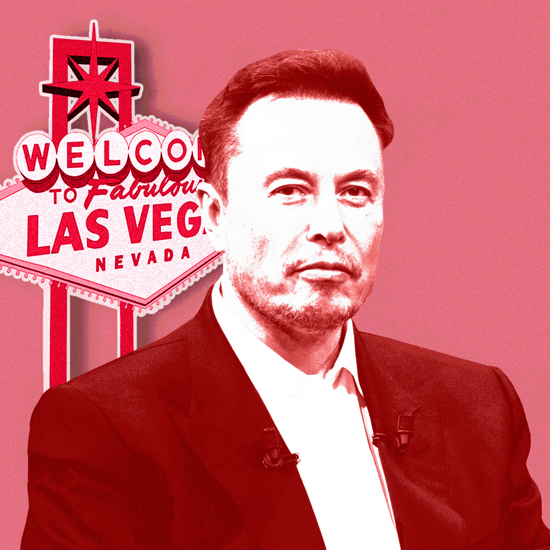 Red tinted headshot of Elon Musk and Welcome to Las vegas sign