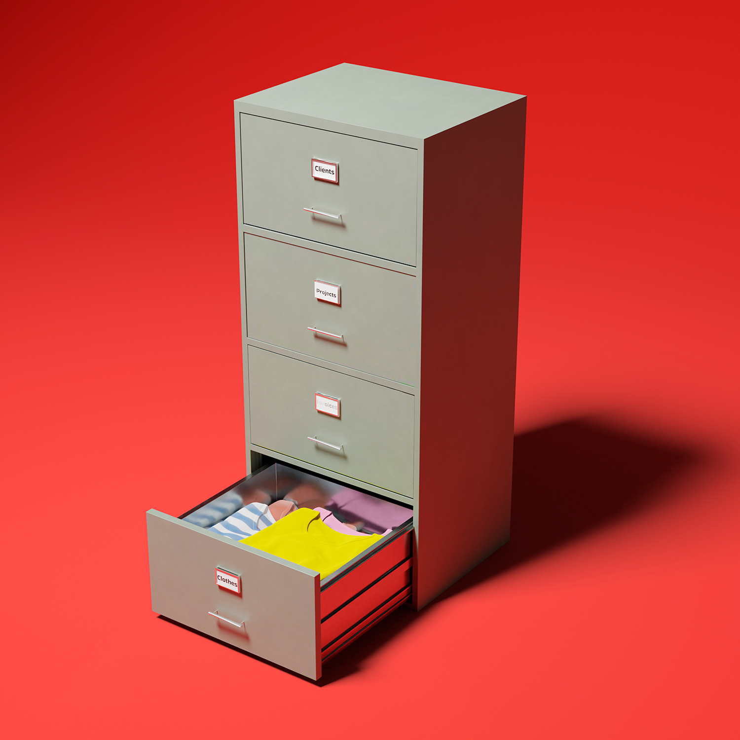 CGI office cabinet with one open drawer filled with clothes