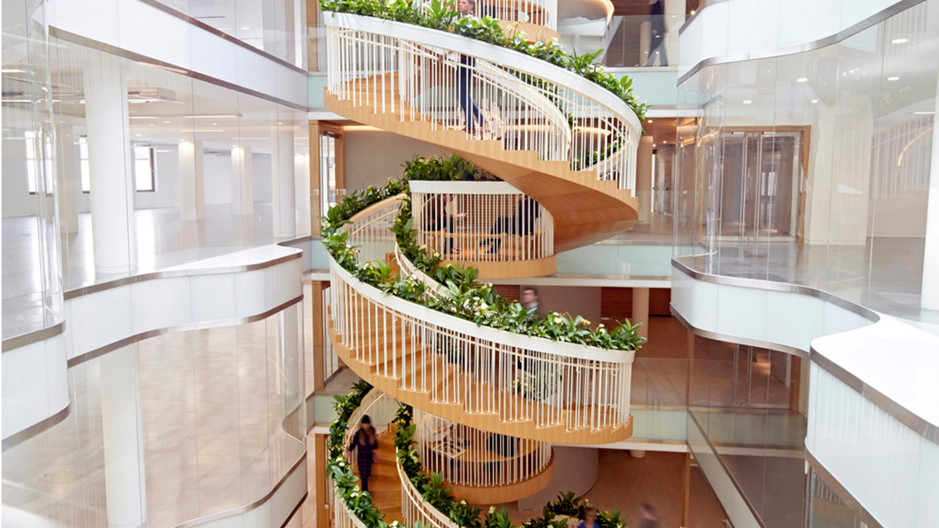 Spiral staircase in office with greenery on bannisters