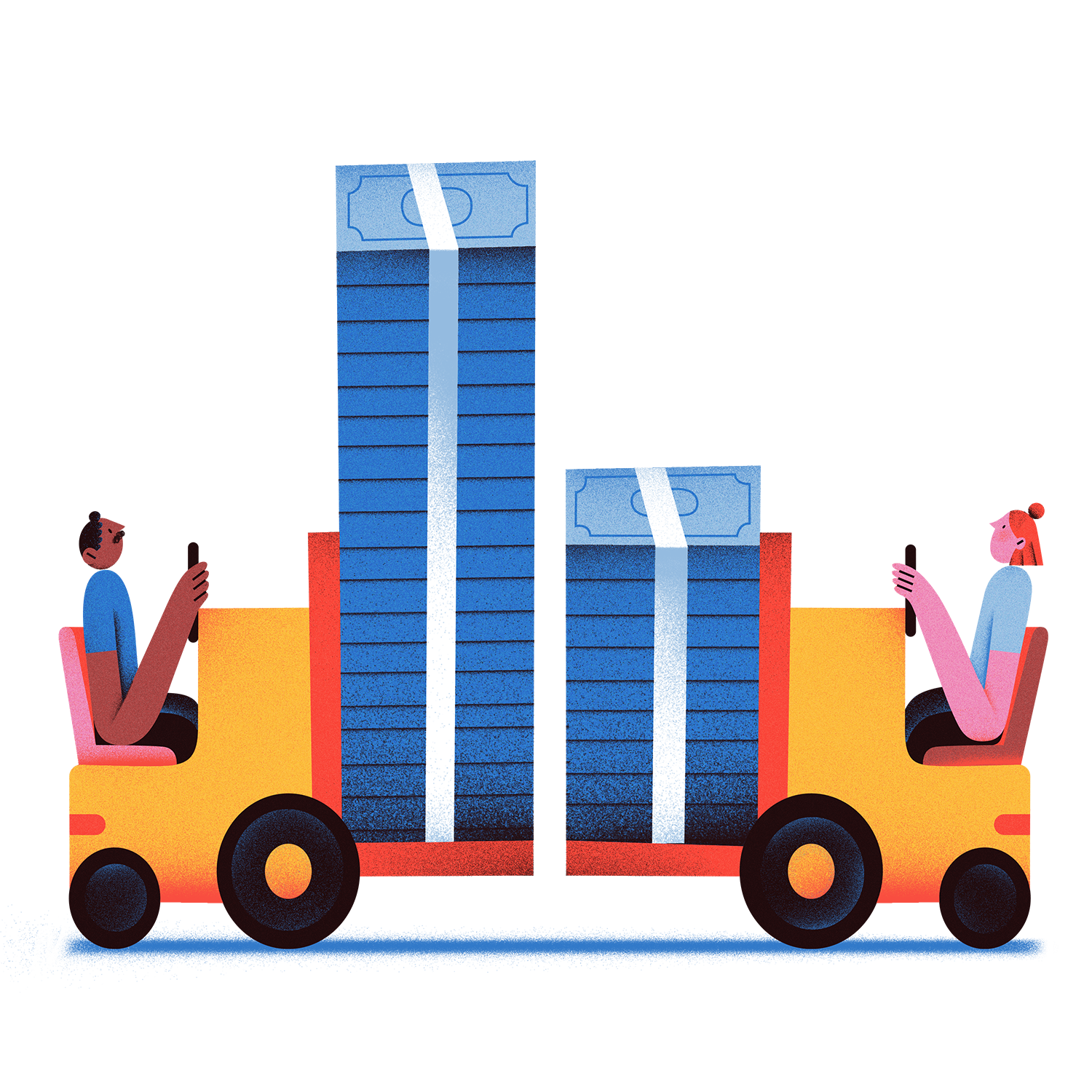 Illustration of two people with forklifts of money