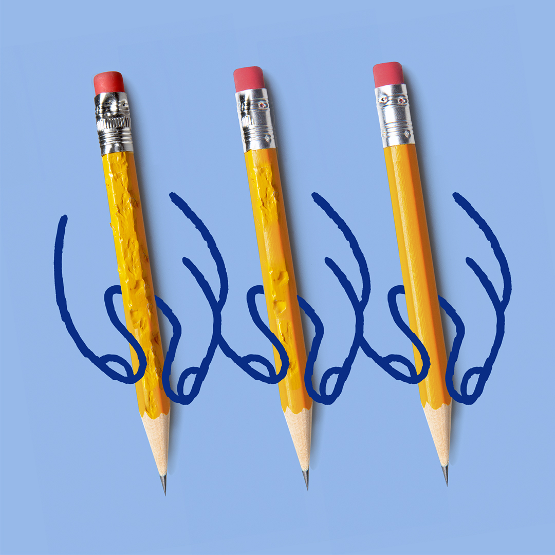 Three pencils lined up with illustrated hands holding them, each pencil looking less worn and damaged