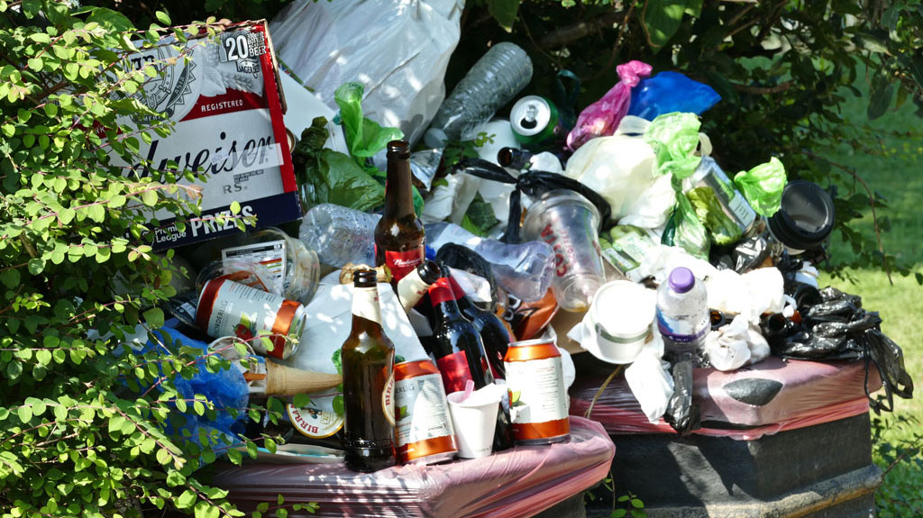 bottles, rubbish left in bins in countryside