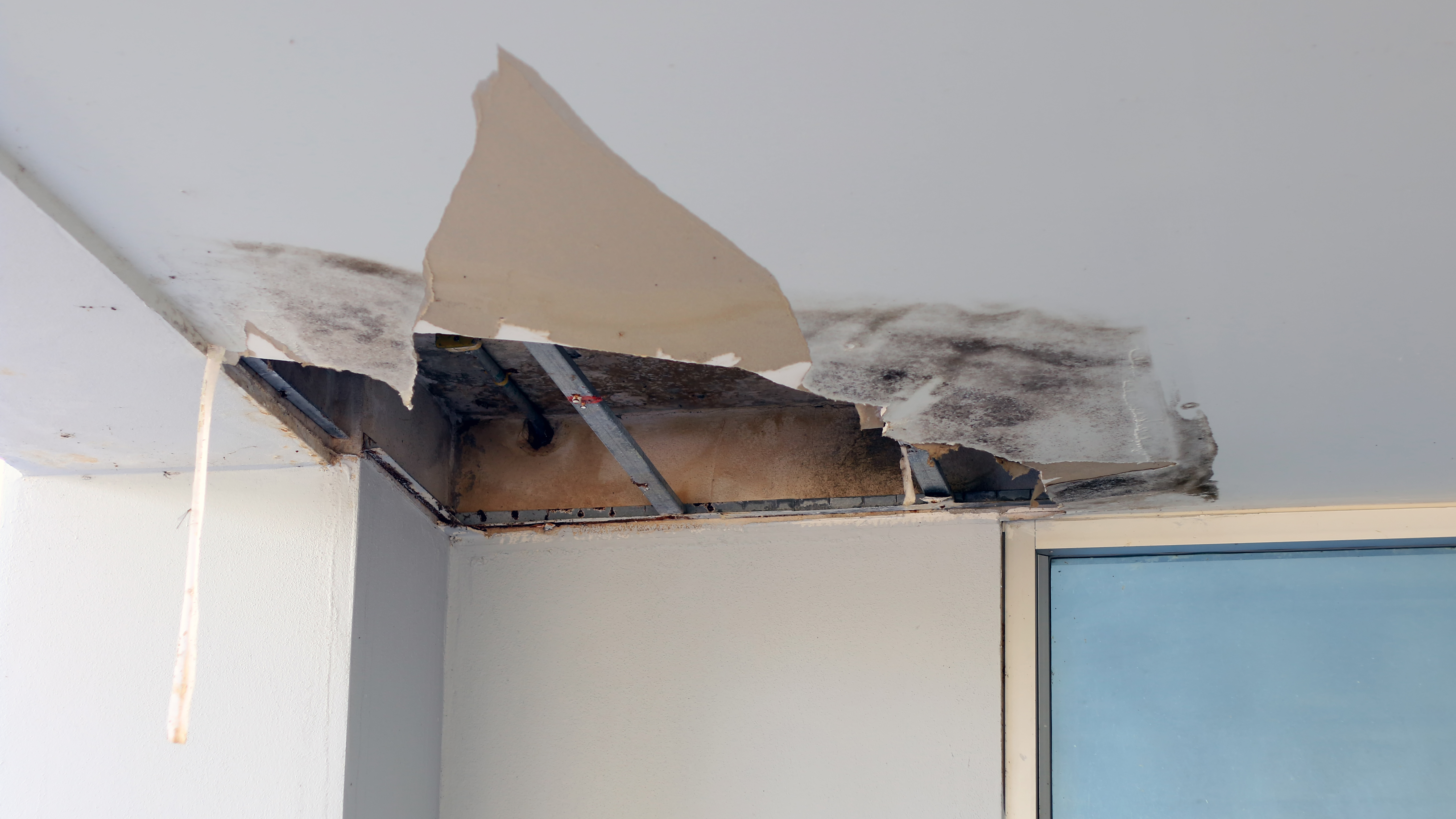 Ceiling panels damaged hole in the roof office from drain pipes water leakage. Office building or house problem from plumber system.; Shutterstock ID 760440673; purchase_order: NA; job: RICS Property Journal Jan22; client: RICS; other: 