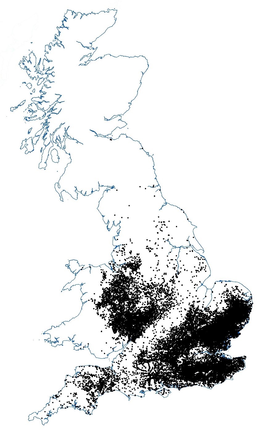 Distribution of surviving pre-1850 timber-framed building in Great Britain, © Whitman