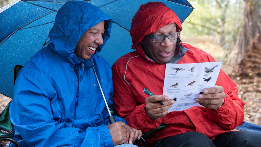 Leon Corbin and Howard Howell birdwatching in the rain, Bedfordshire, October 2018