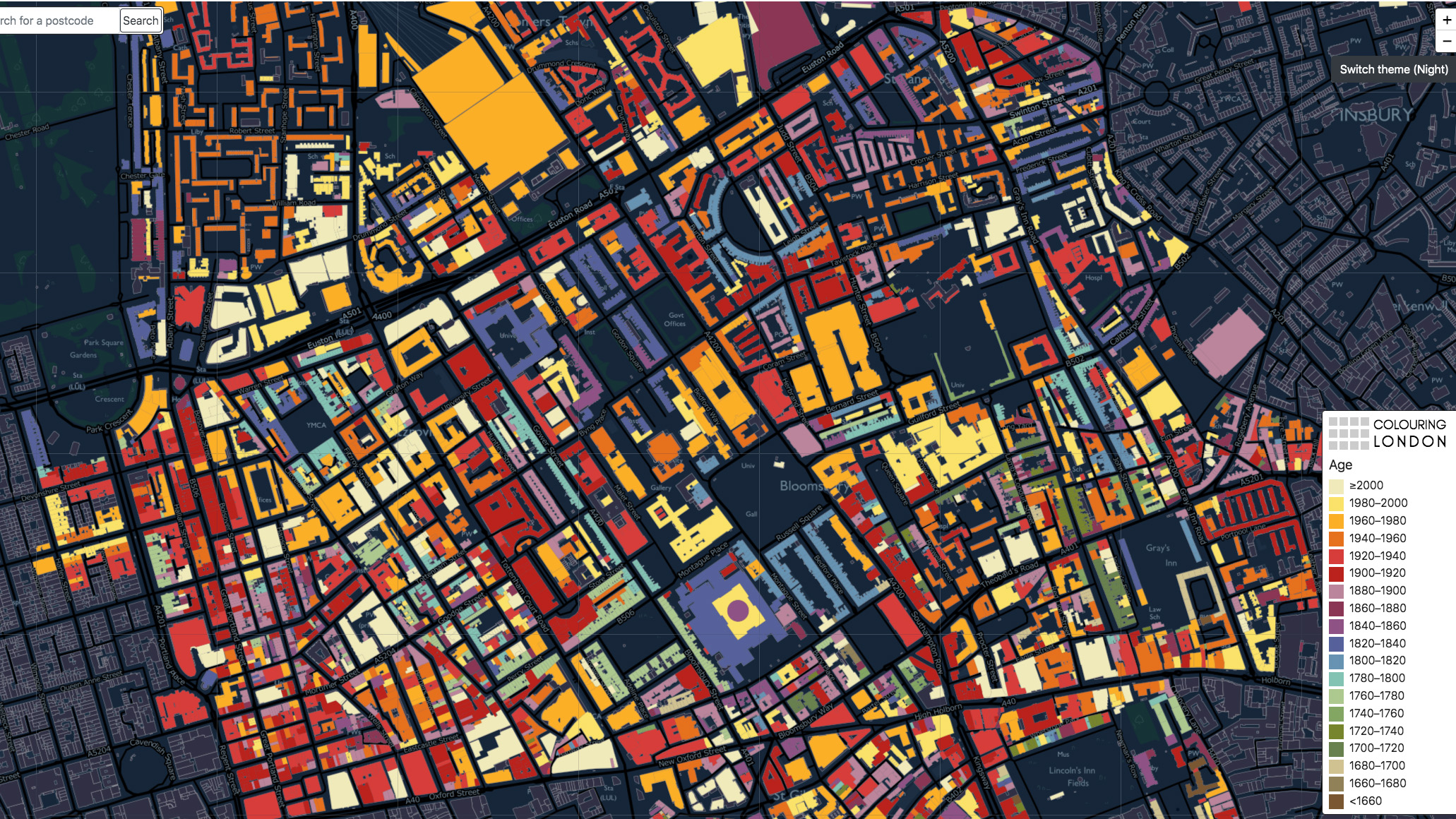 Colouring London: night, zoomed out