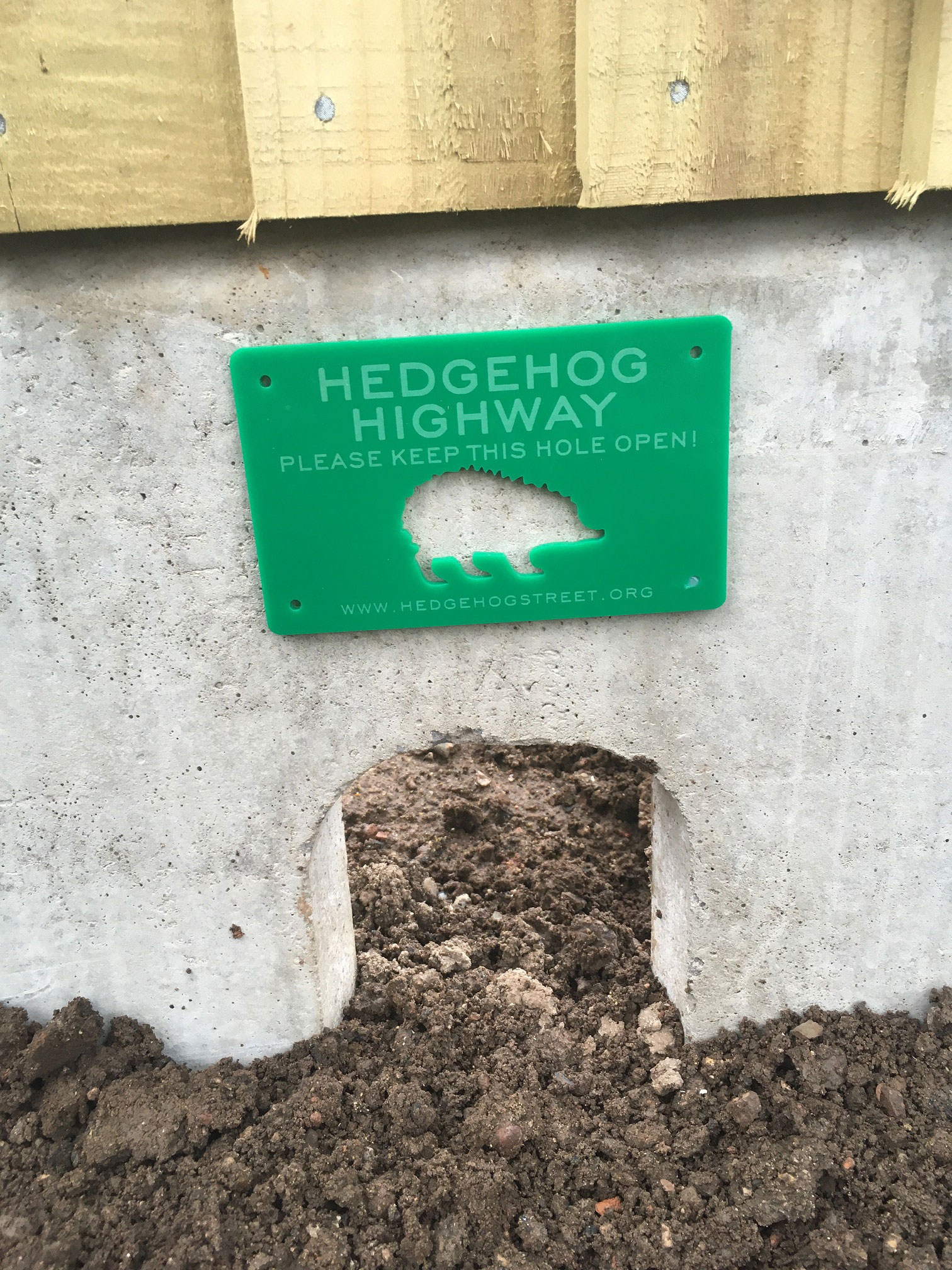 Hedgehog highway sign above gap in fences in new build property, GF Tomlinson, Midlands contractor