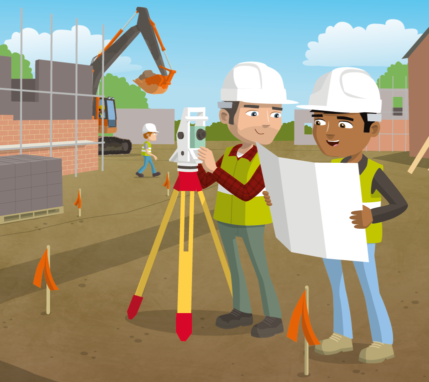 Get kids into survey building site poster characters