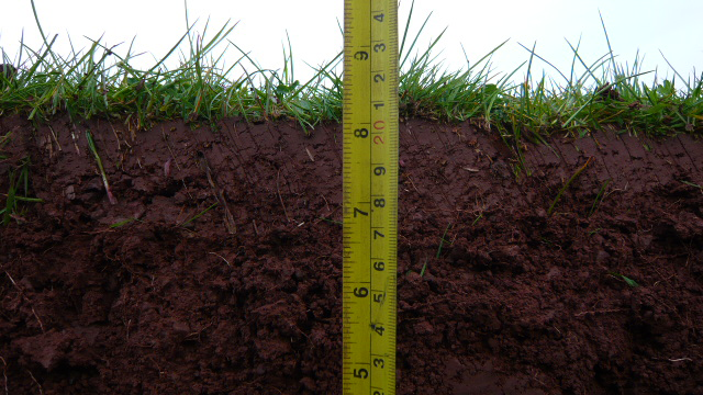 Tape measure below surface of field showing soil