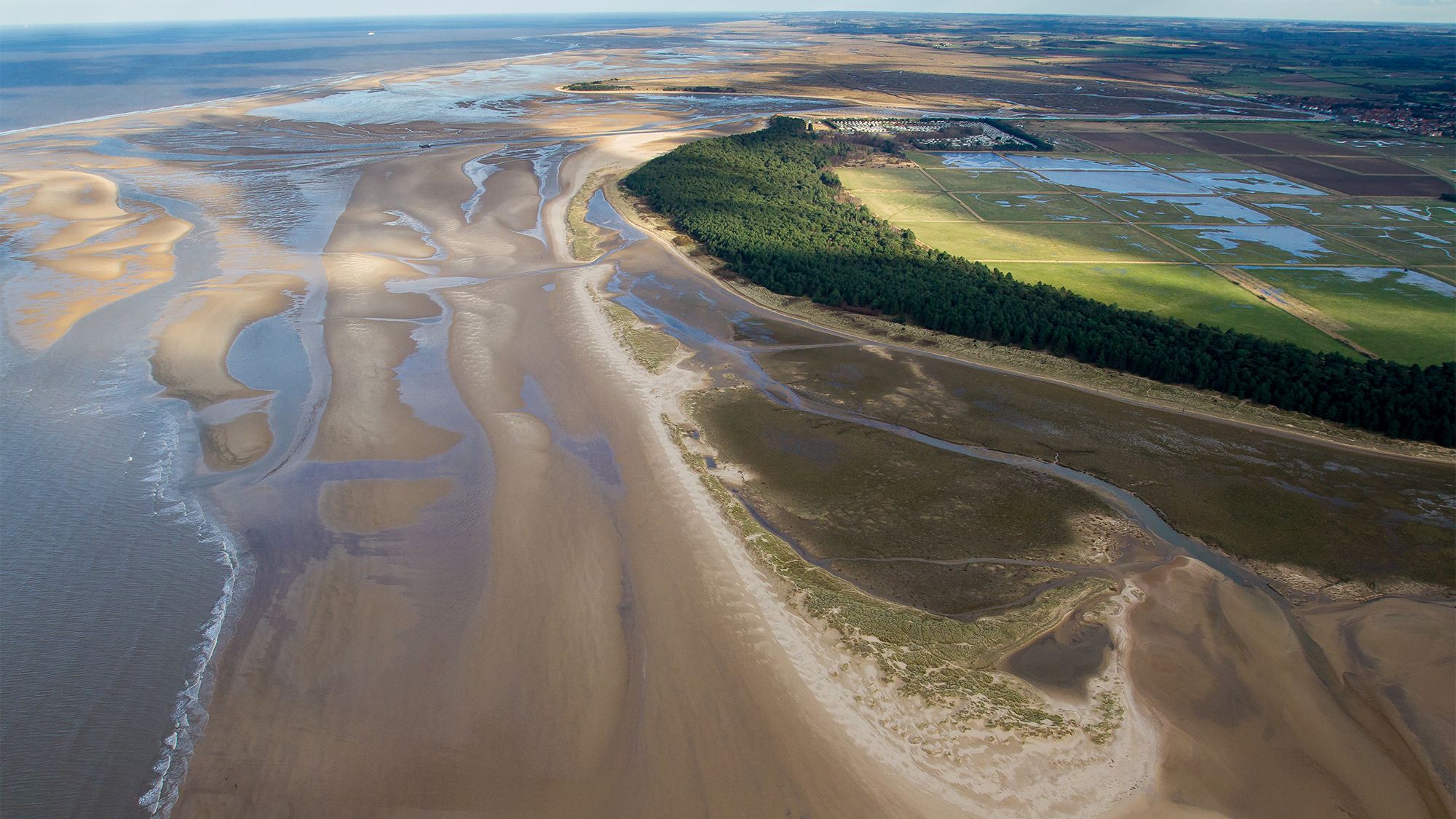 Aerial view of Holkham National Nature Reserve, Norfolk coast
