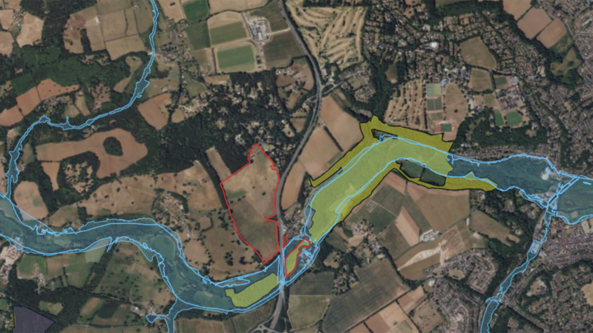 Red line ownership boundary of Norney Farm, Surrey, overlayed with two geospatial data
