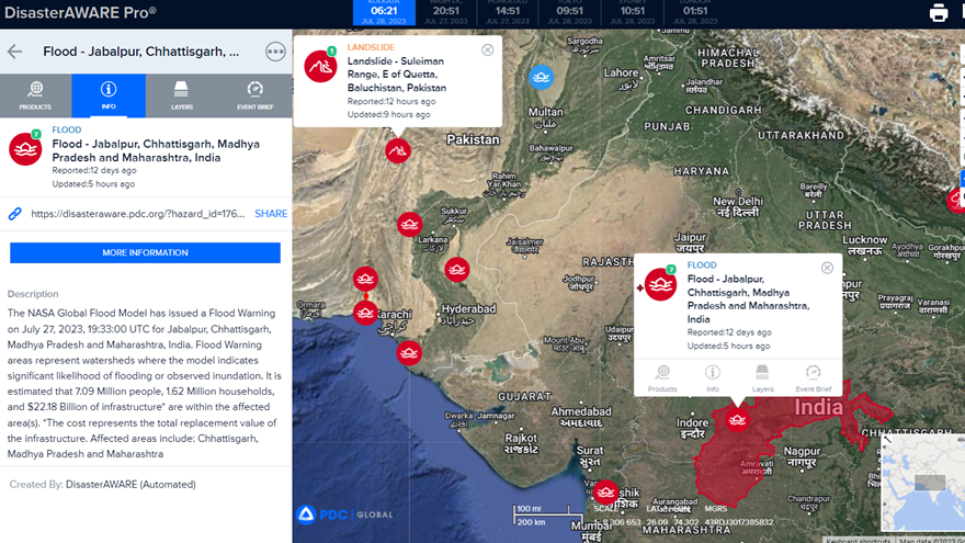 Screenshot of DisasterAWARE Pro showing floods in Pakistan and India July 2023