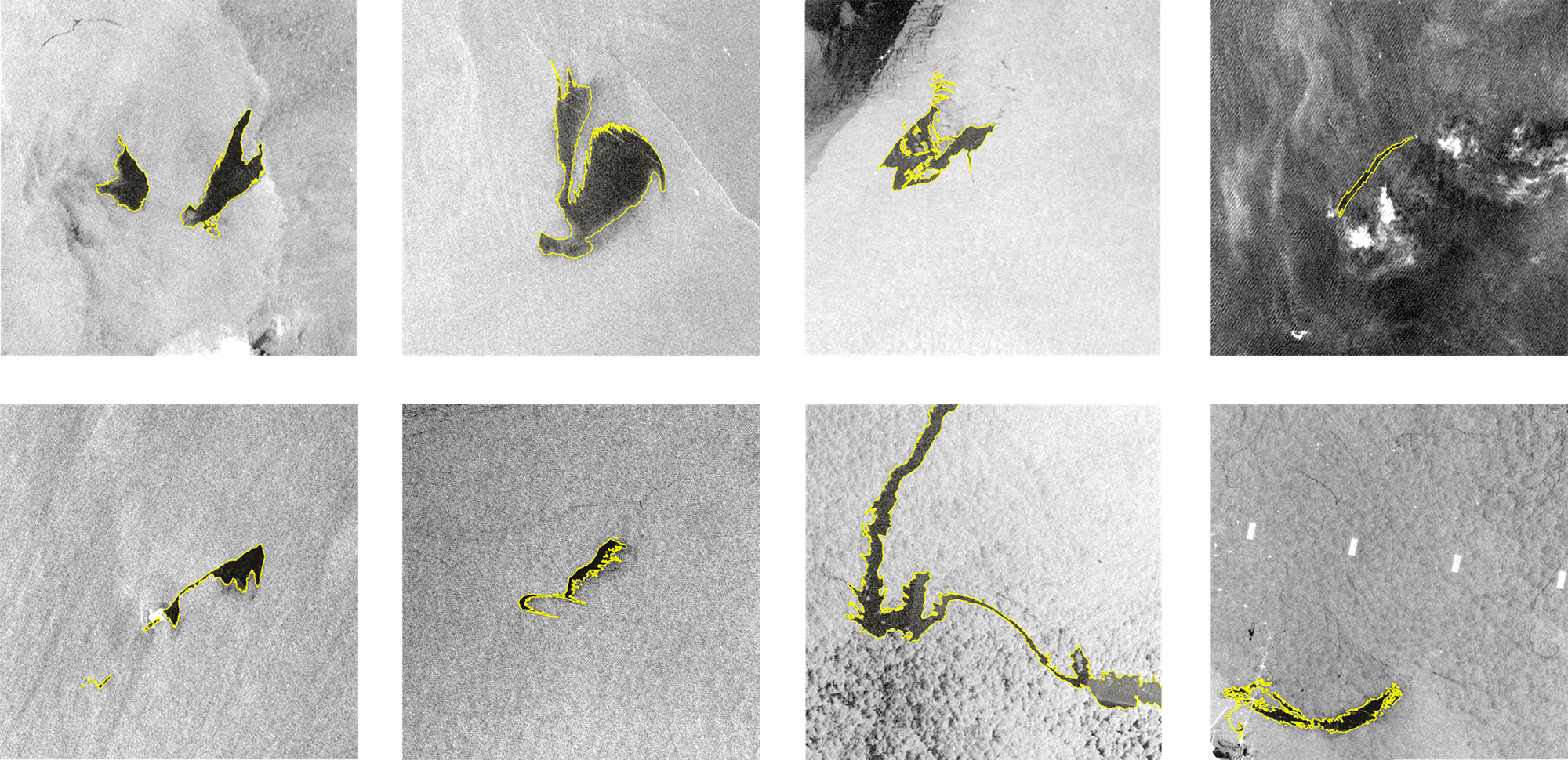 Examples of training images for deep learning software; oil spills are outlined in yellow 