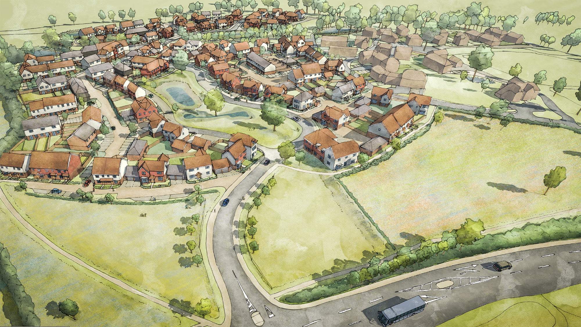 Hand drawn visuals of proposed development site at High Weald, Berkeley Homes