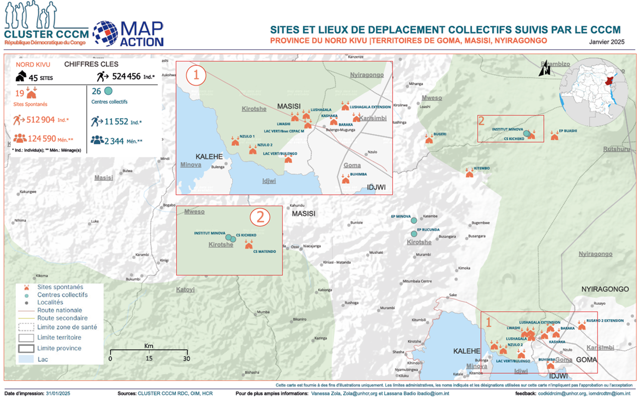 Map of temporary settlements where internally displaced people live in North Kivu, in eastern Democractic Republic of Congo