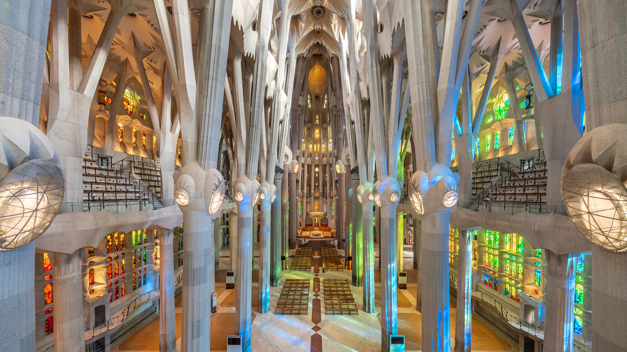 Close-up of interior of the Sagrada Família showing pillars forming a forest-like structure