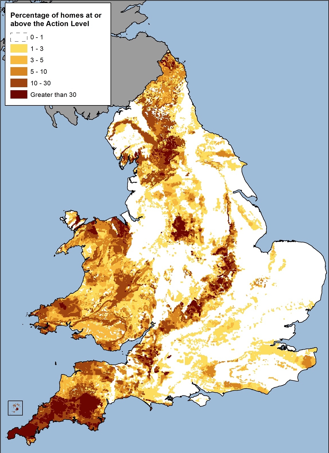 Map illustrating percentage of homes in England and Wales at or above the level for action on Radon