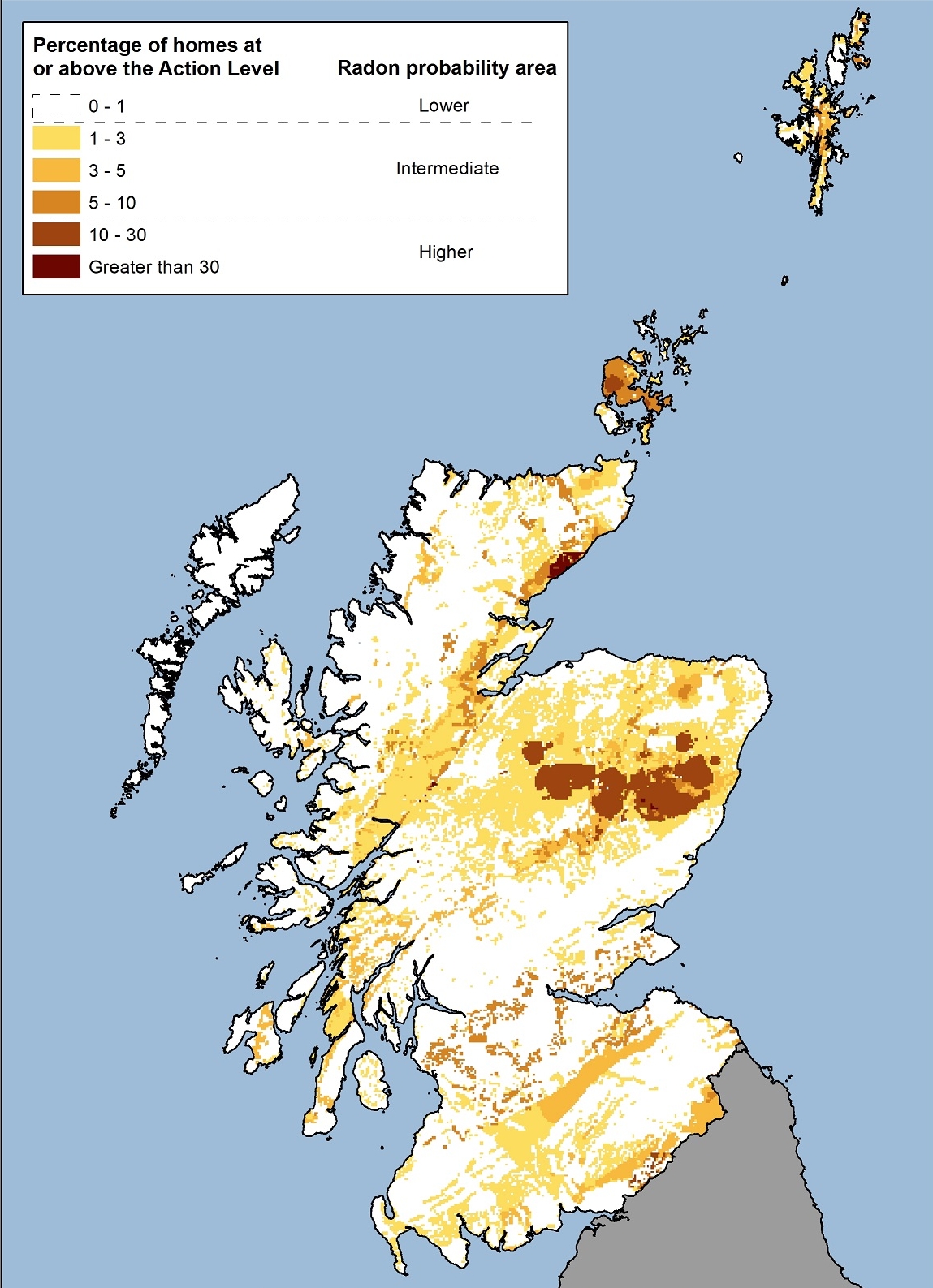 Map illustrating percentage of homes in Scotland at or above the level for action on Radon