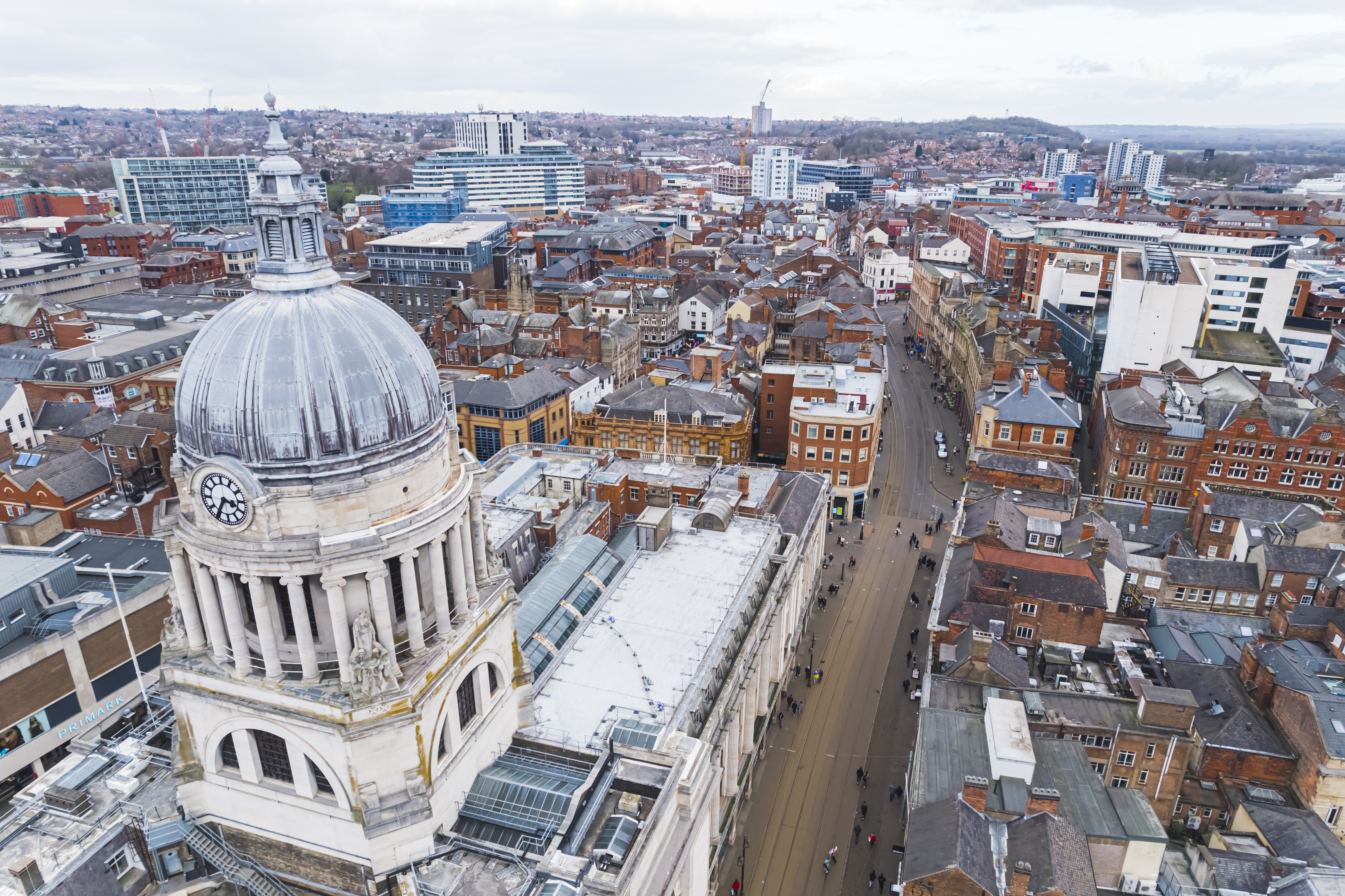 Nottingham, Nottinghamshire, England. Aerial view of stunning British architecture in famous city of Nottingham. High quality photo; Shutterstock ID 2280690249; purchase_order: N/a; job: RICS UK Valuation Event; client: RICS_PP; other: 