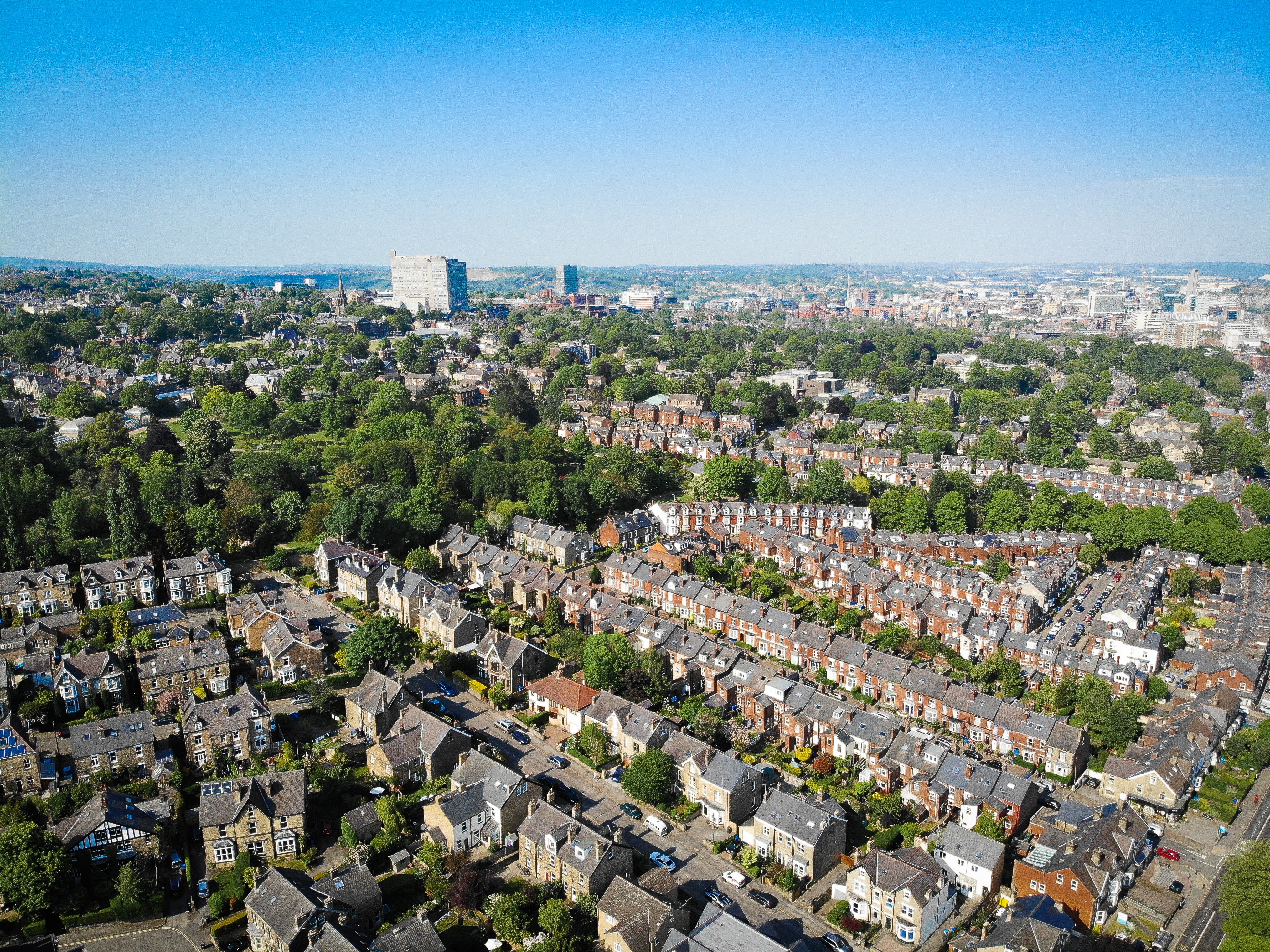 Aerial view of UK suburbs Residential housing in the suburbs of a UK town