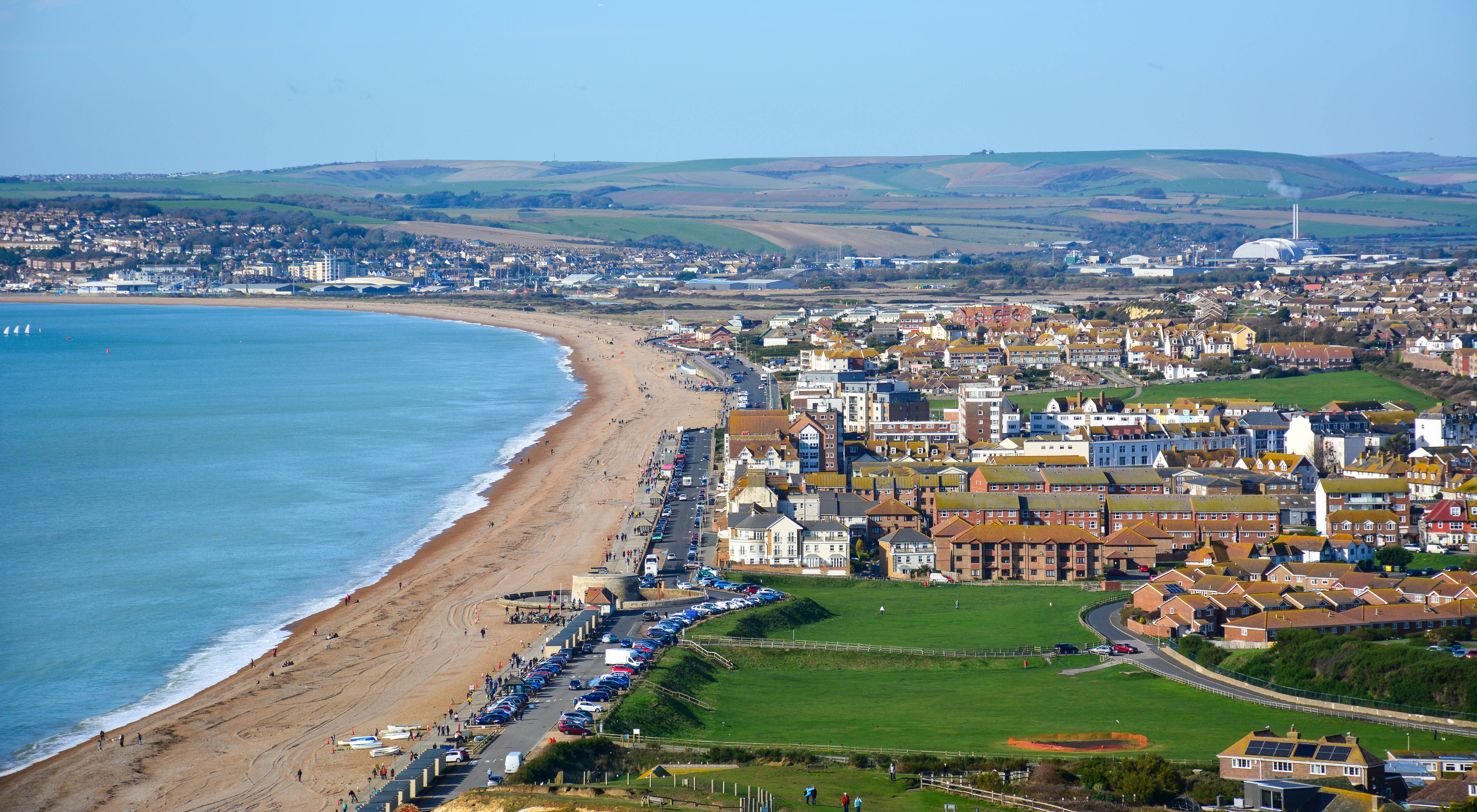 Panoramic view of Seaford, a small coastal resort town in East Sussex, UK, from the Seaford Head, with its long beach. Seaford lies on the south coast of England, close to Seven Sisters cliffs; Shutterstock ID 1715478034; purchase_order: N/A; job: PJ Oct 2023 Bunmi Atta; client: ; other: 