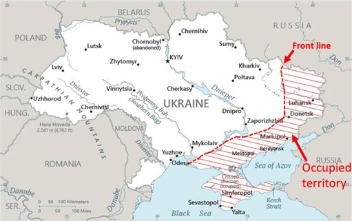 Figure 1: Map of Ukraine illustrating Russian-occupied territories as of early 2026
