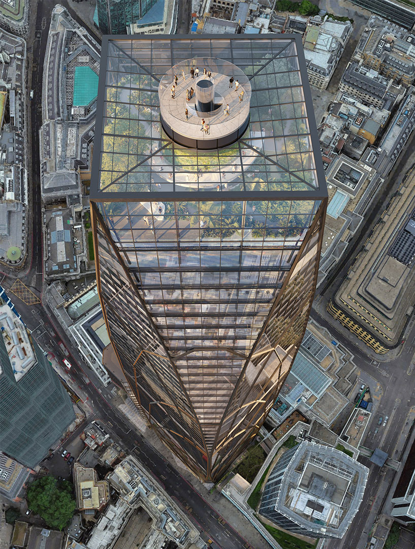 55 Bishopsgate Render looking down on skyscraper with rooftop garden and views of the City of London