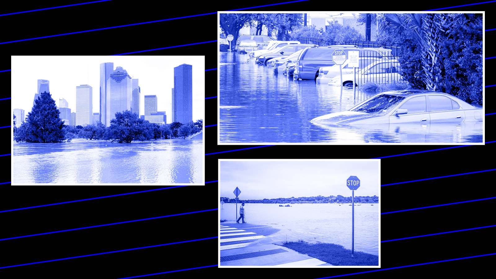 Collage of blue flood images on a black background with blue stripes.