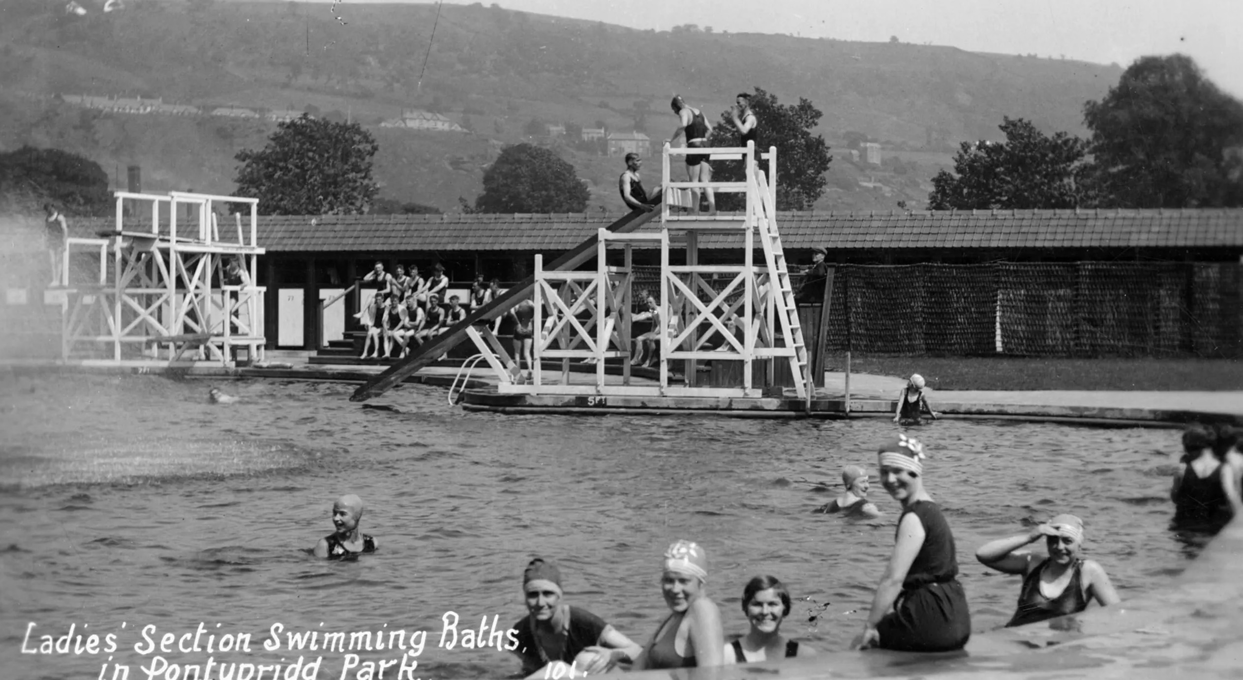 Pontypridd Lido Archive photo of women in swimming carps in outdoor pool