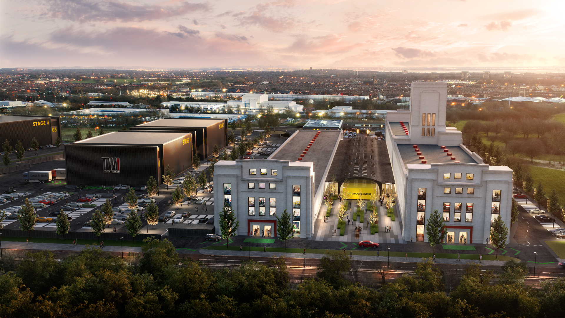 CGI aerial view of the Littlewoods Porject film studios with Liverpool city in the background