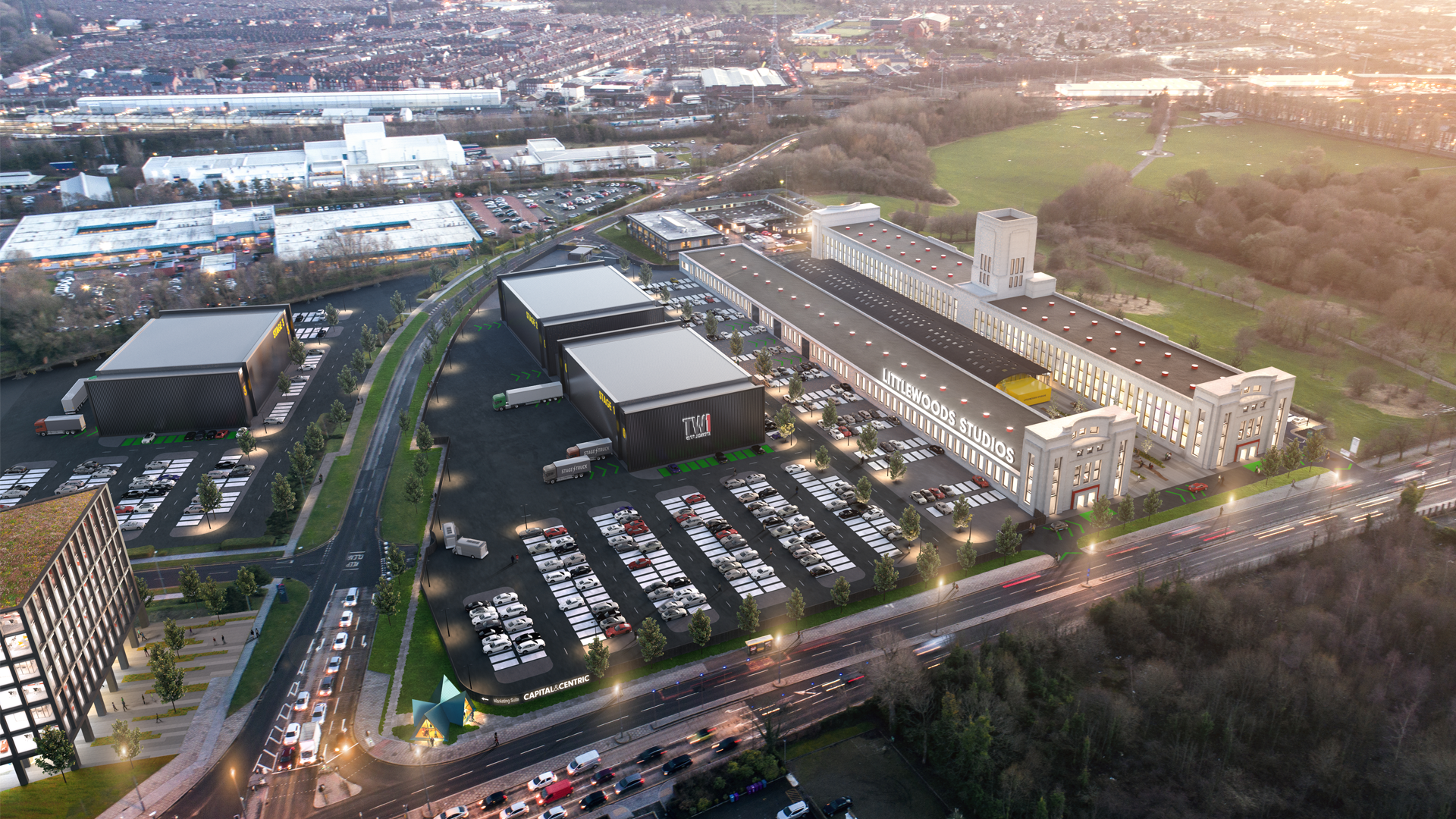 CGI aerial view of the Littlewoods Porject film studios with Liverpool city in the background