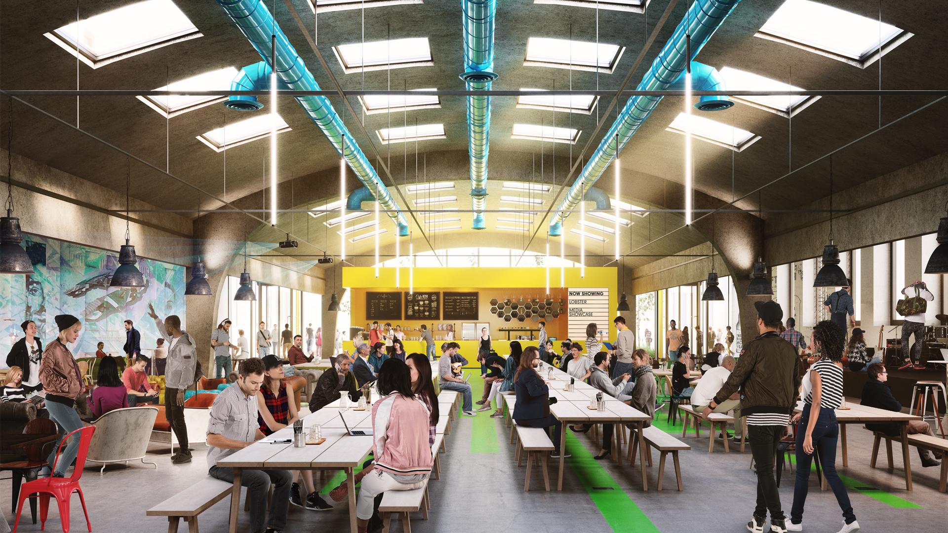 CGI image of lots of people in a large modern foodhall that is brightly lit