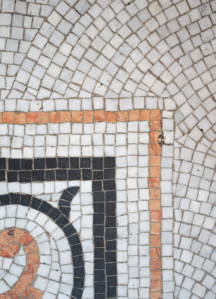 Close up photo of the detail of the tiles on the floor of the Royal Court Theatre