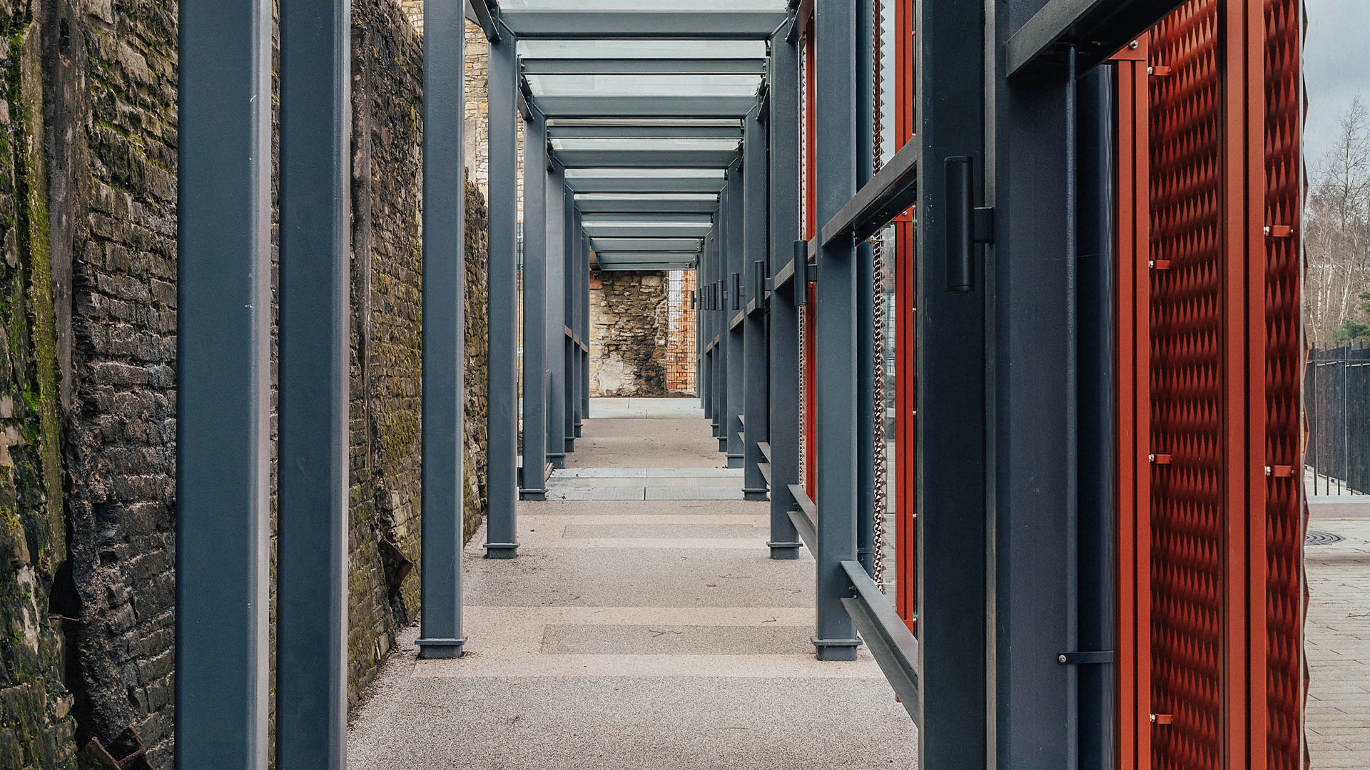 Photo of the outside hallway at Pendryn Distillery 