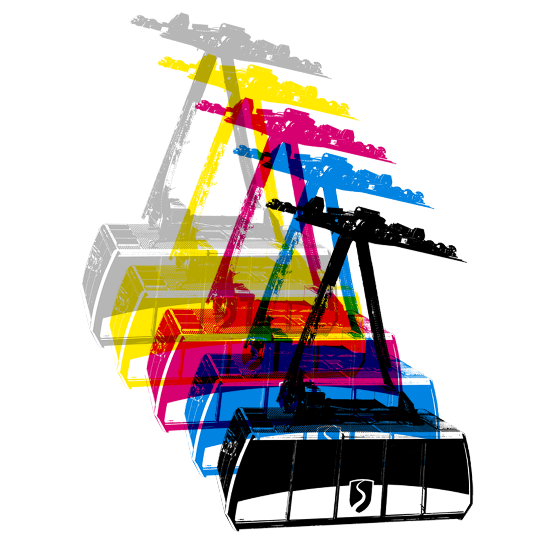 Series of five gondolas overlaid each other in grey, yellow, pink, blue, black