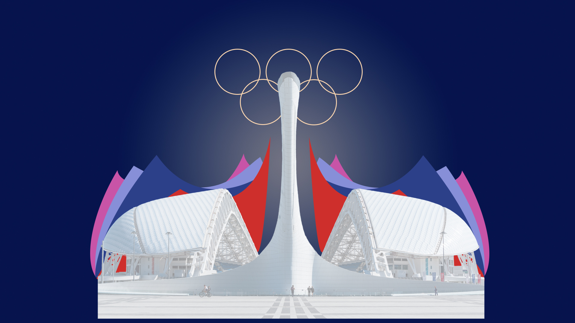 Sochi Fisht stadium sits in front of pointed shapes  and olympics rings on blue background