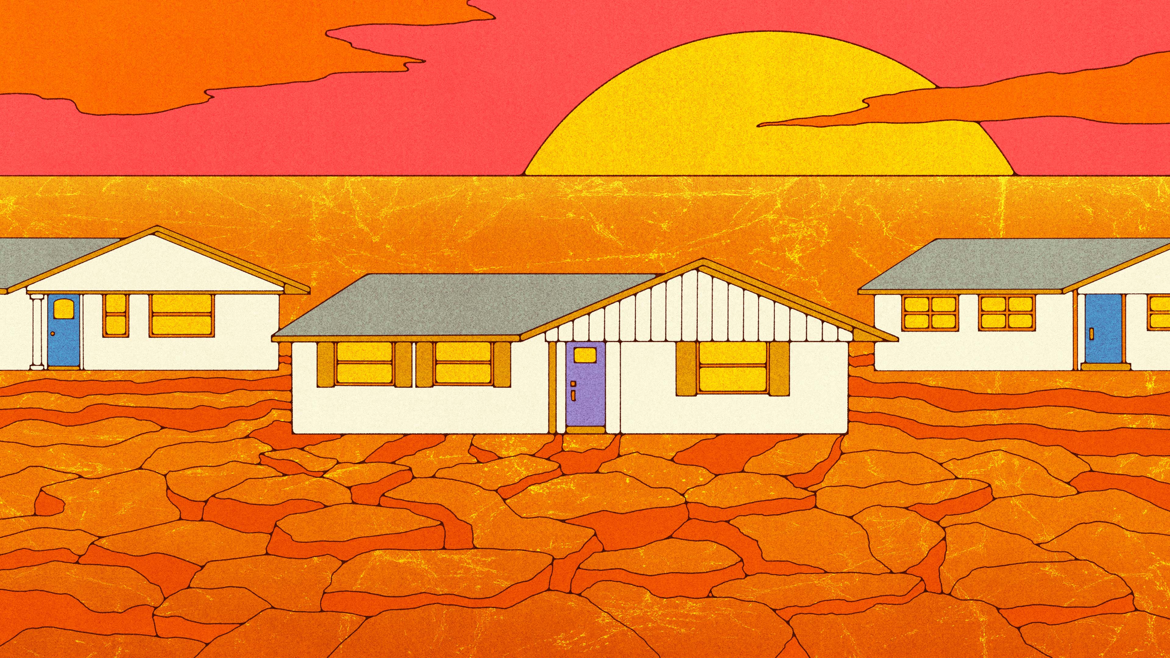 Three houses surrounded by dry land and orange sky