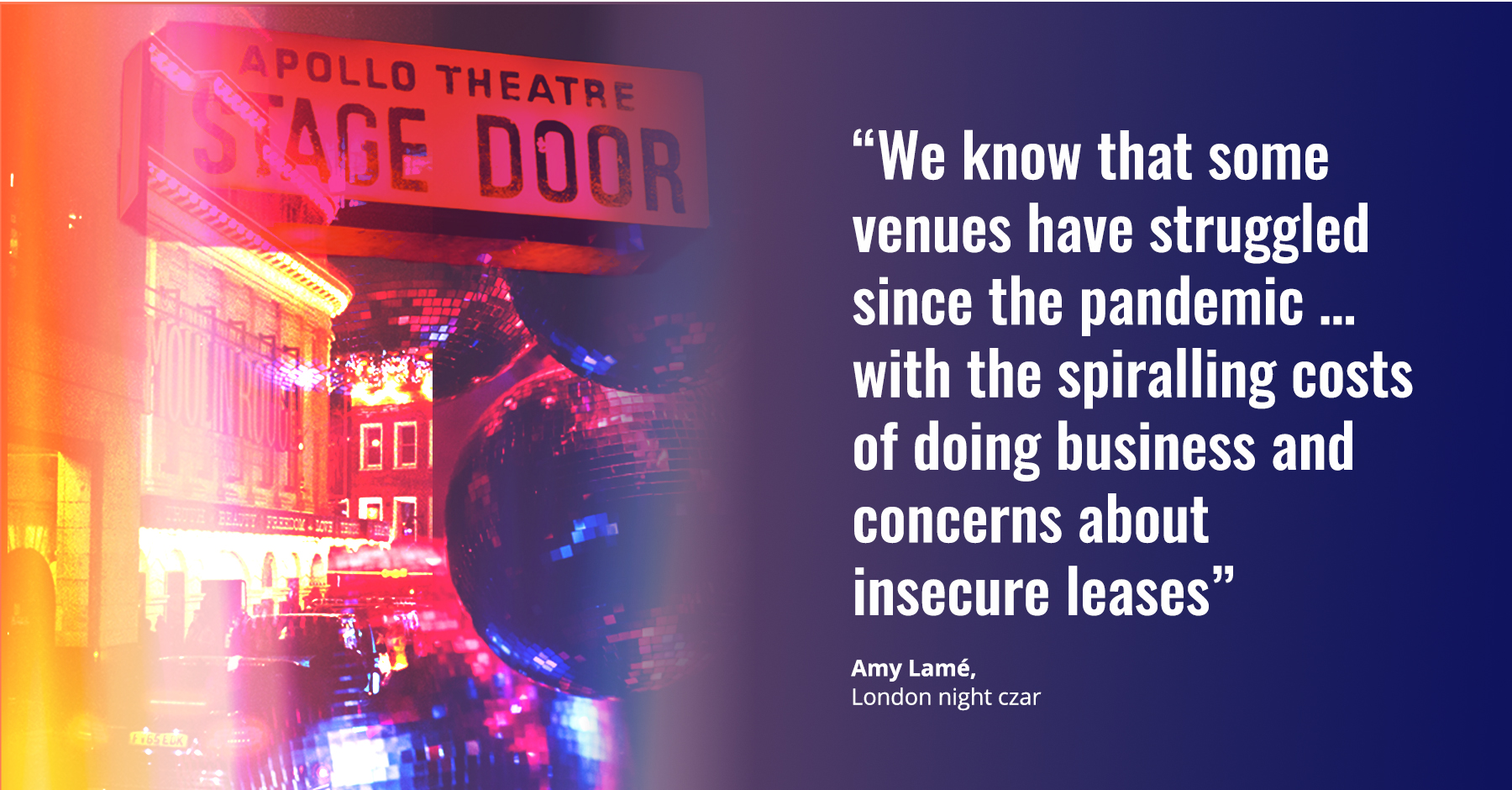 Collage of theatre, stage door sign and disco balls with quote