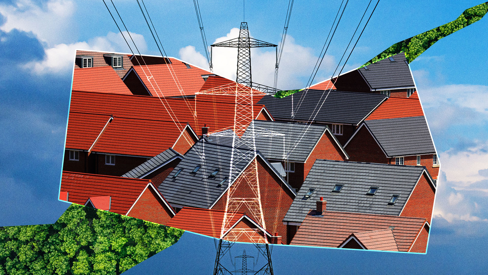 Collage of houses, infrastructure, forests