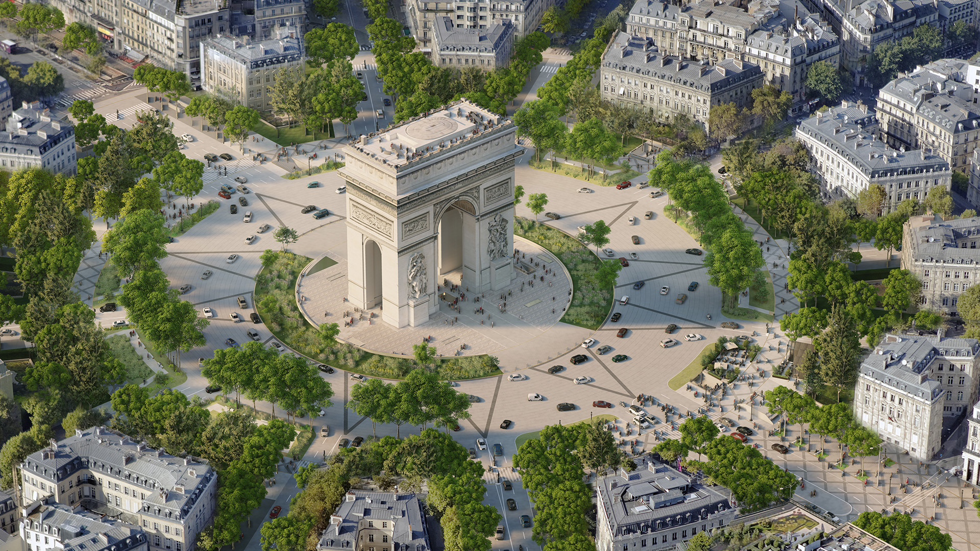Aerial view of CGI Arc de Triomphe  surrounded by greenery