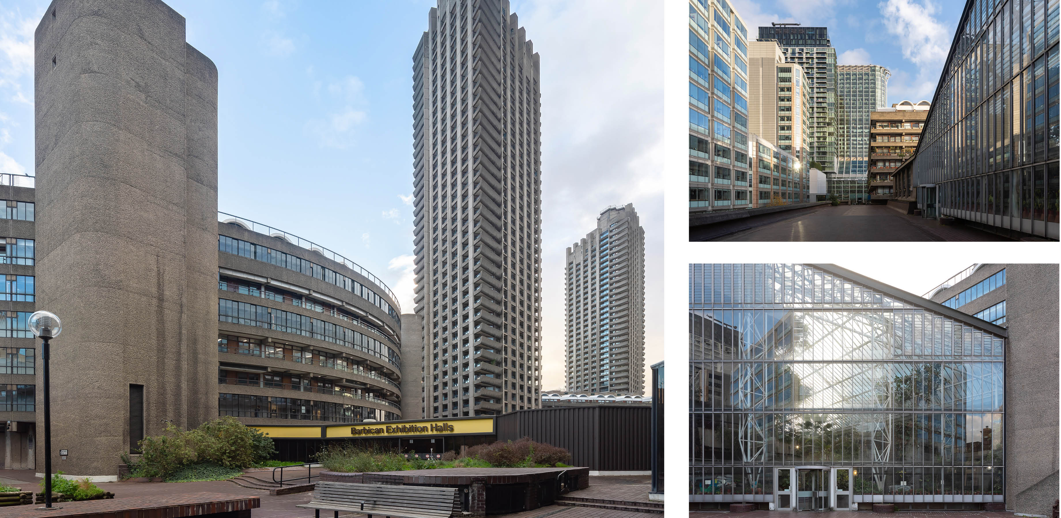 Collage of photos of glass and concrete buildings