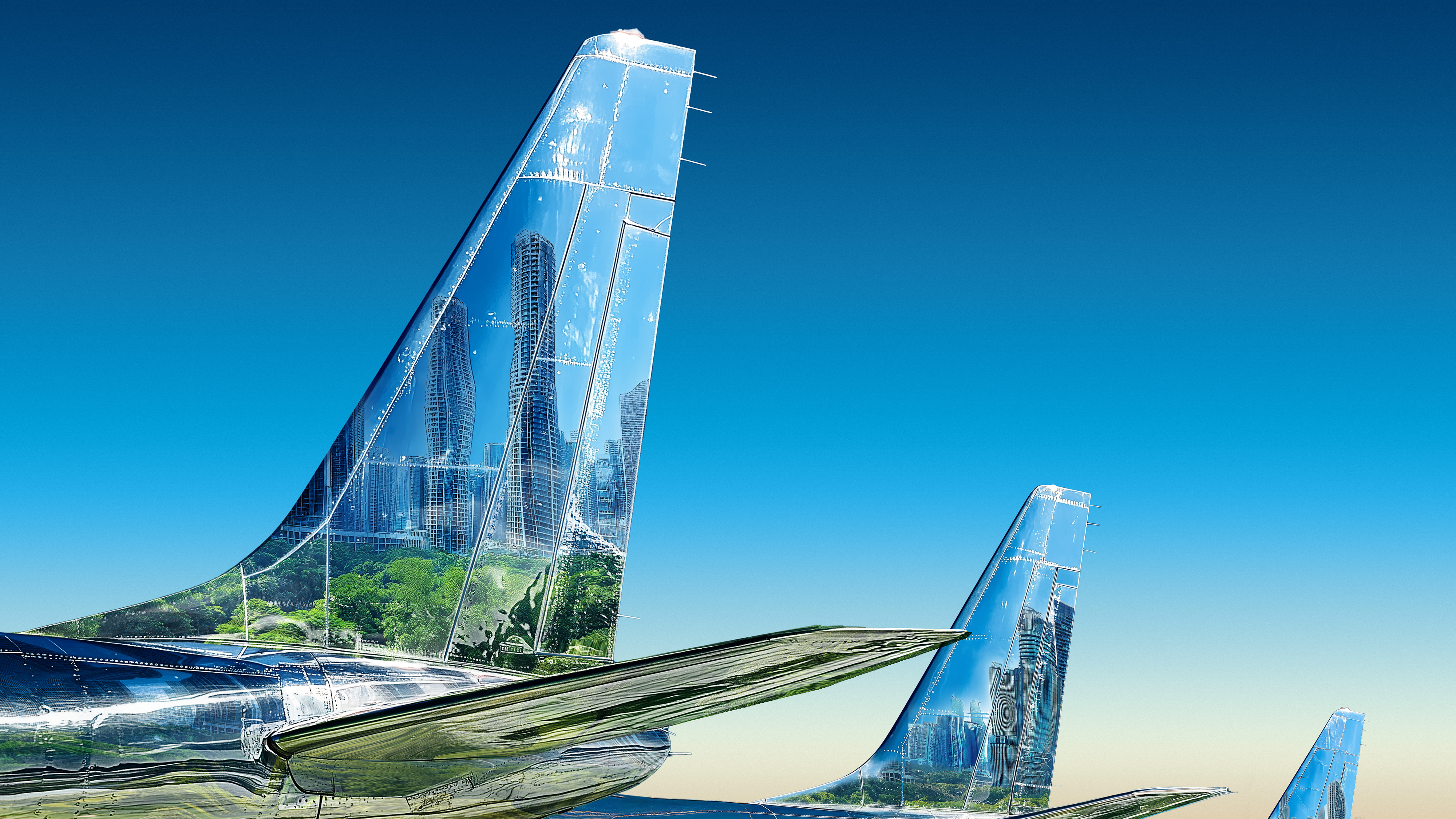 Three chrome airplane tails with reflections of cityscape and greenery