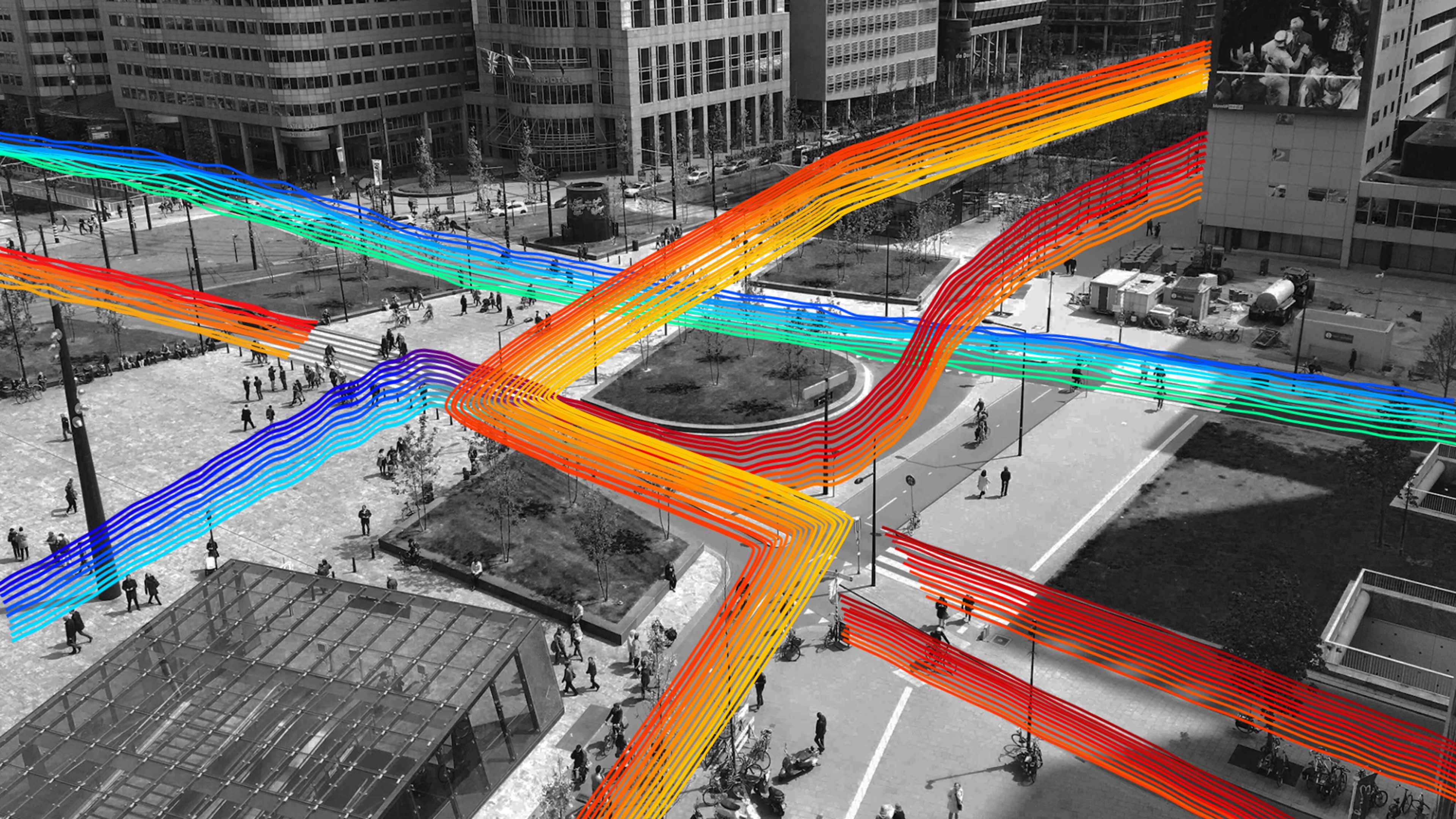 Coloured lines go along roads at city crossing