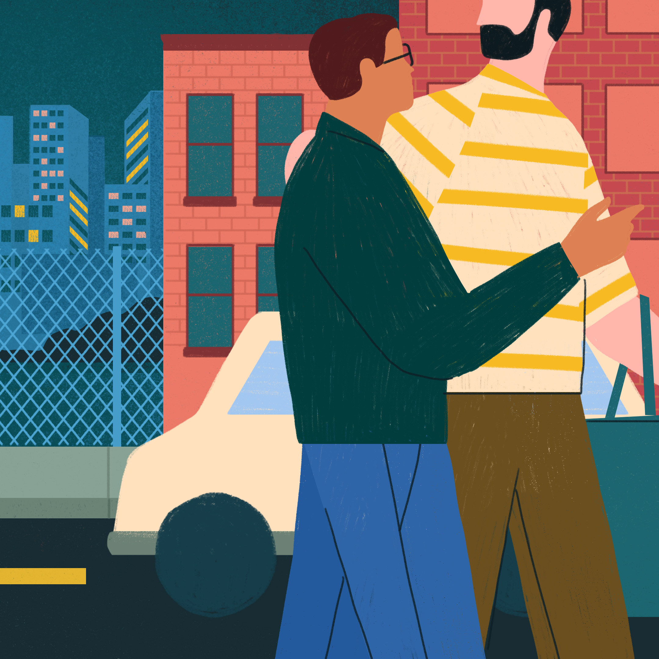Illustration of two men walking along street