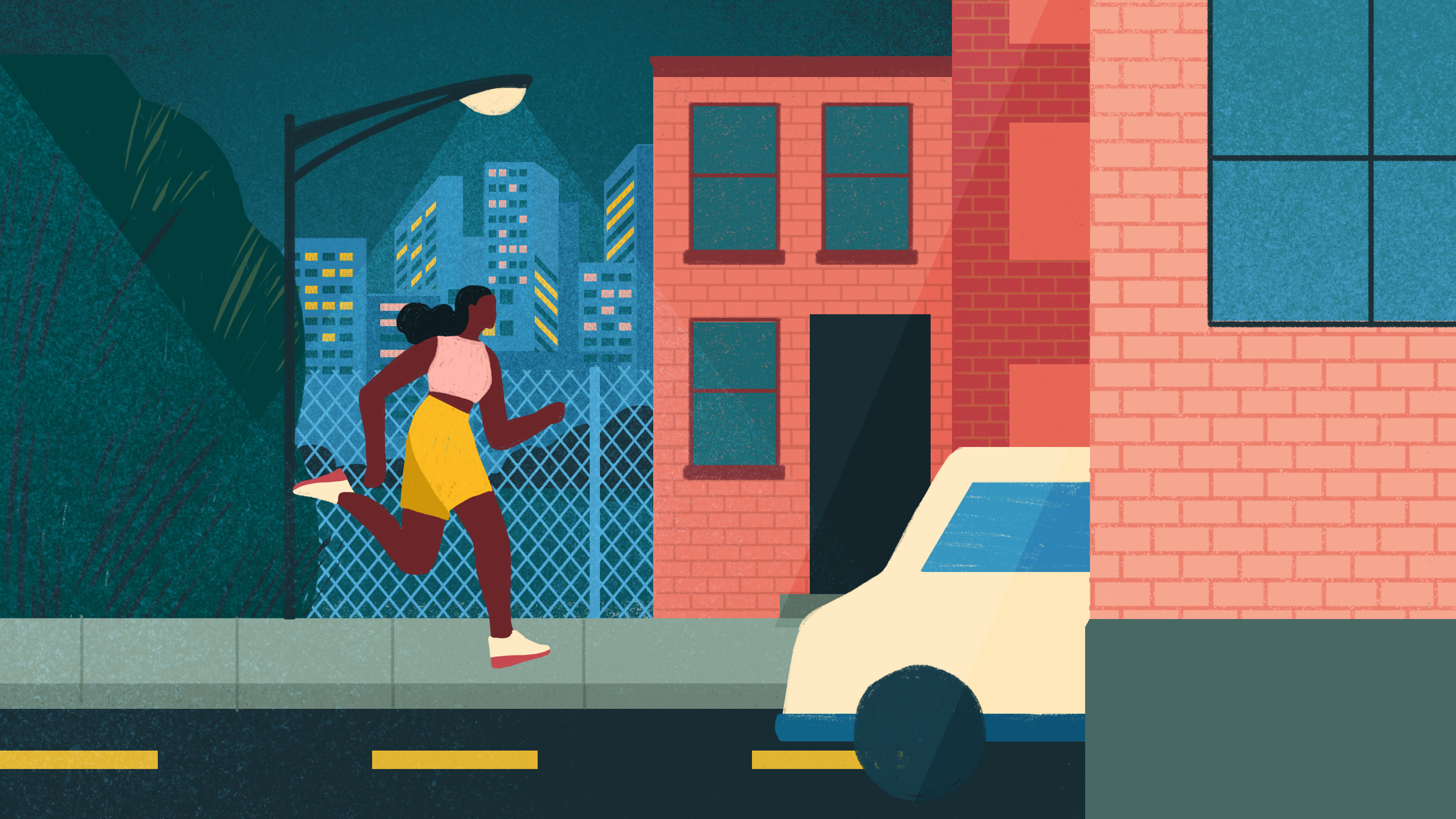 Woman running down a street at night illustration