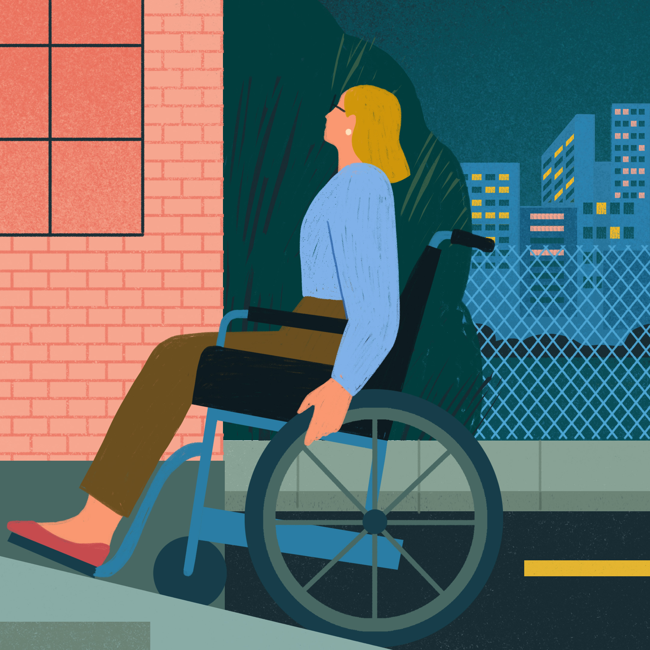 Illustration of a woman in a wheelchair going up a ramp on a street