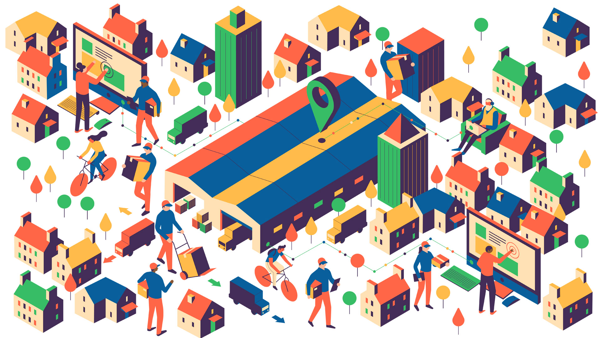 Isometric illustration of good ordering and warehouse deliveries 