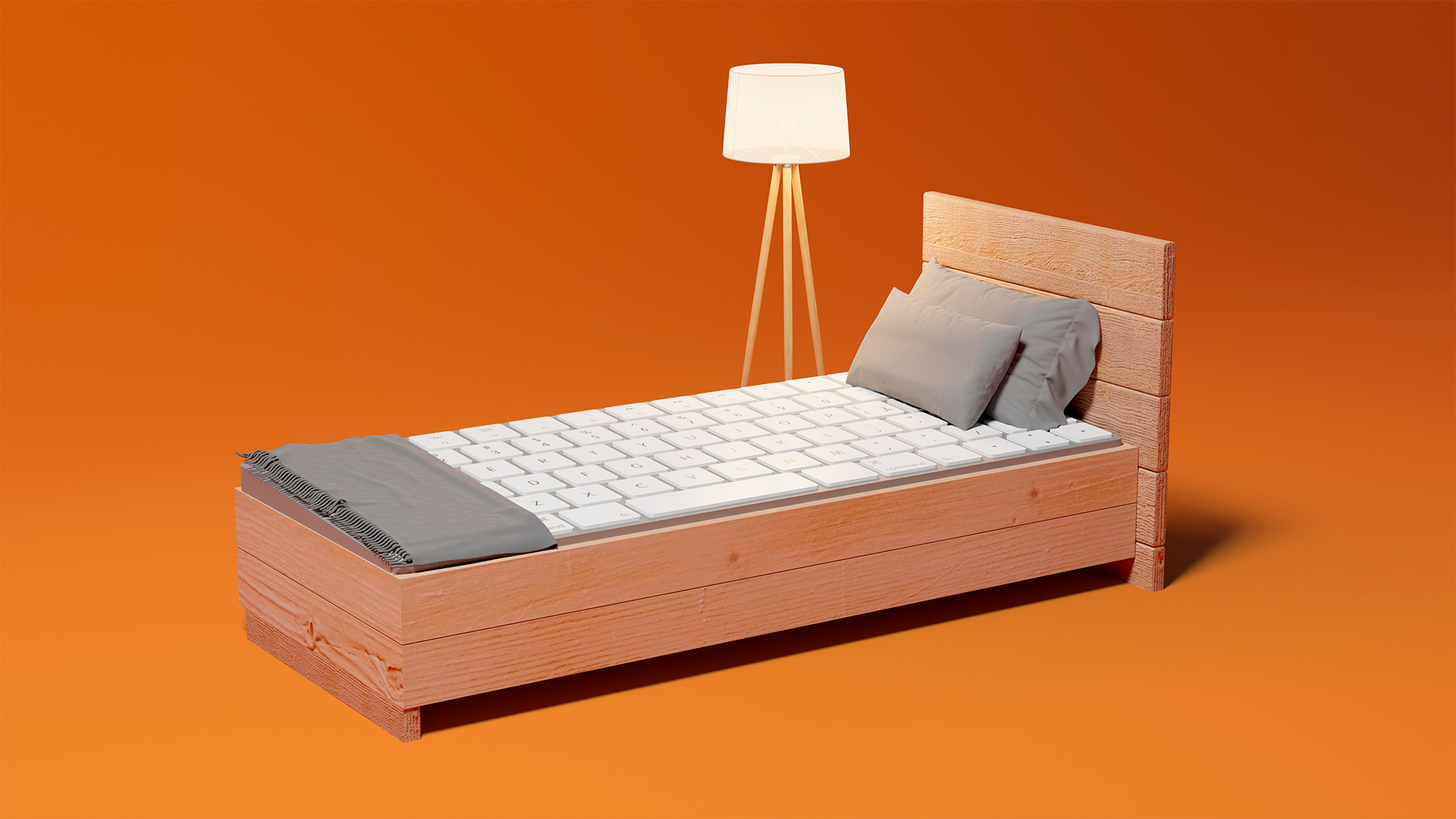 CGI image of a bed with a keyboard on top 