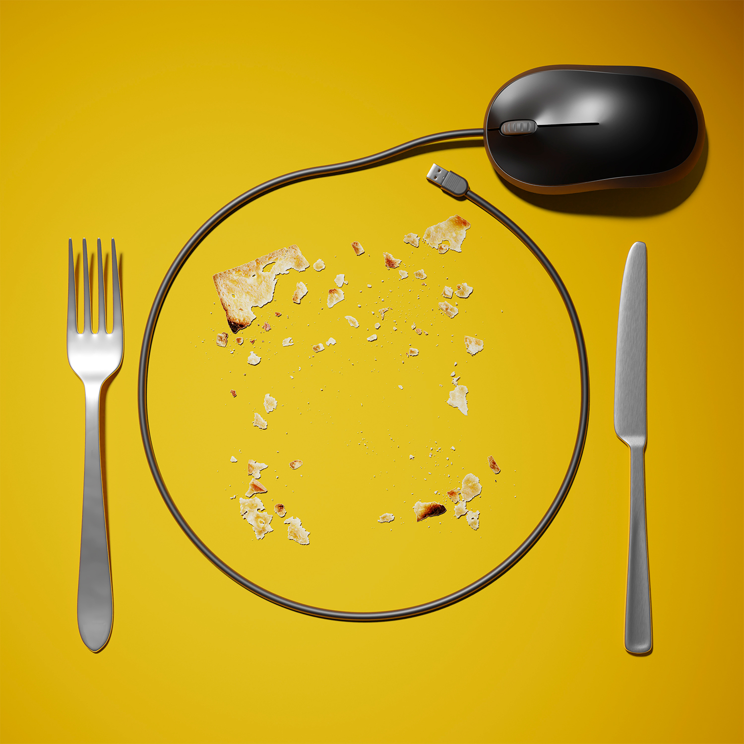 CGI mouse wire surrounding bread crumbs and a knife and fork